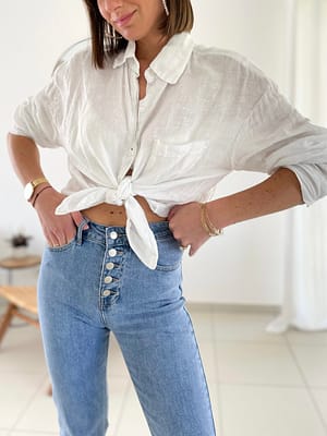 jeans bleu coupe cropped flare poches fermeture