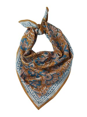 foulard-indien-imprimé-fleurs-caramel- bleu-blockprint
