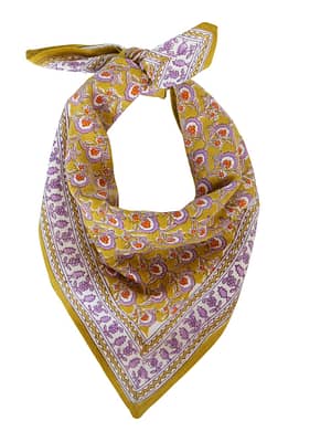 foulard-petitformat-blockprint-indien-imprimée-motifs-fleurs-violet-blanc-moutarde