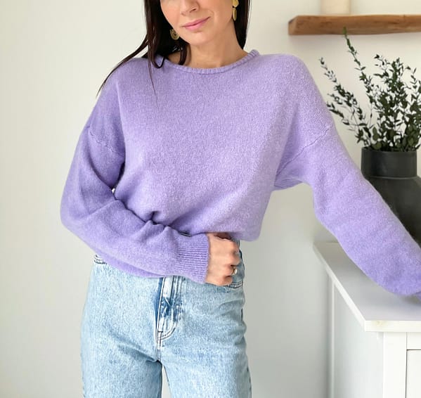 Pull-maille-lilas-mancheslongues-encolureronde-dosouvert